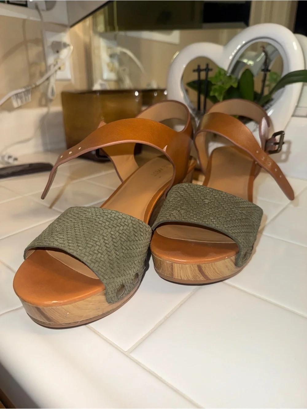 Nine West Tan Leather and Olive Woven Platform Sandals